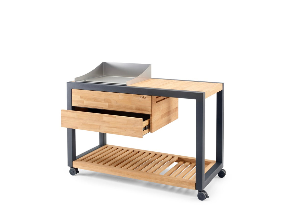 INDU+ Arvid Trolley - inkl. Teppanyaki Kochfeld 58, passenden Spritzschutz & Teak - Rahmen