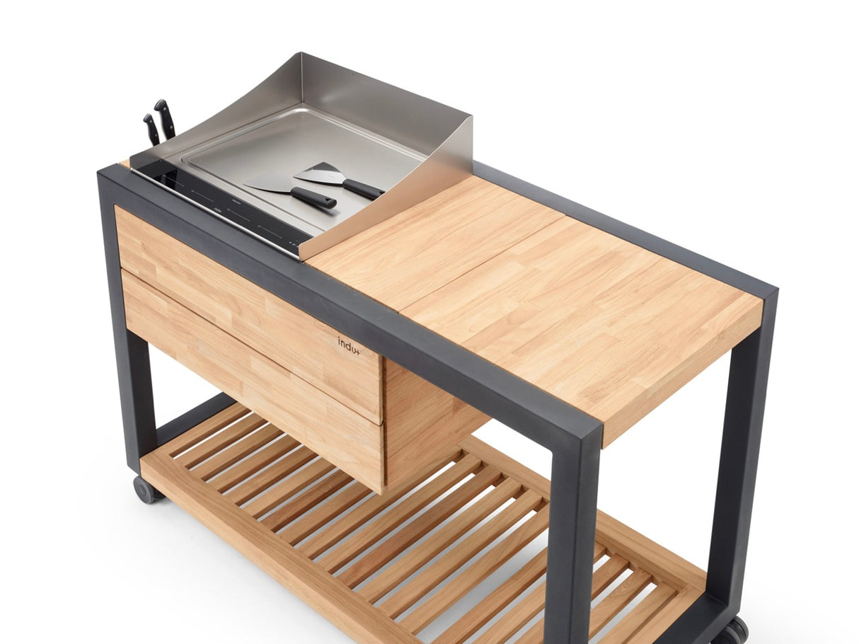 INDU+ Arvid Trolley - inkl. Teppanyaki Kochfeld 58, passenden Spritzschutz & Teak - Rahmen