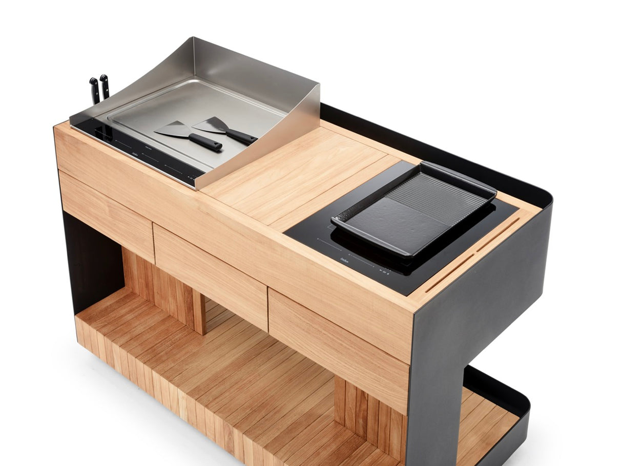 INDU+ Bilba Trolley - inkl. Teppanyaki Kochfeld 58, passenden Sprtitzschutz, Multiflex Kochfeld & Teak Rahmen