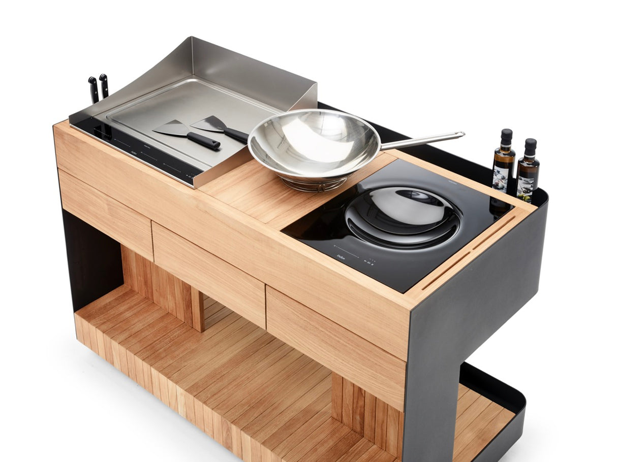 INDU+ Bilba Trolley - inkl. Teppanyaki Kochfeld 58, passenden Sprtitzschutz, Wok Kochfeld & Teak Rahmen