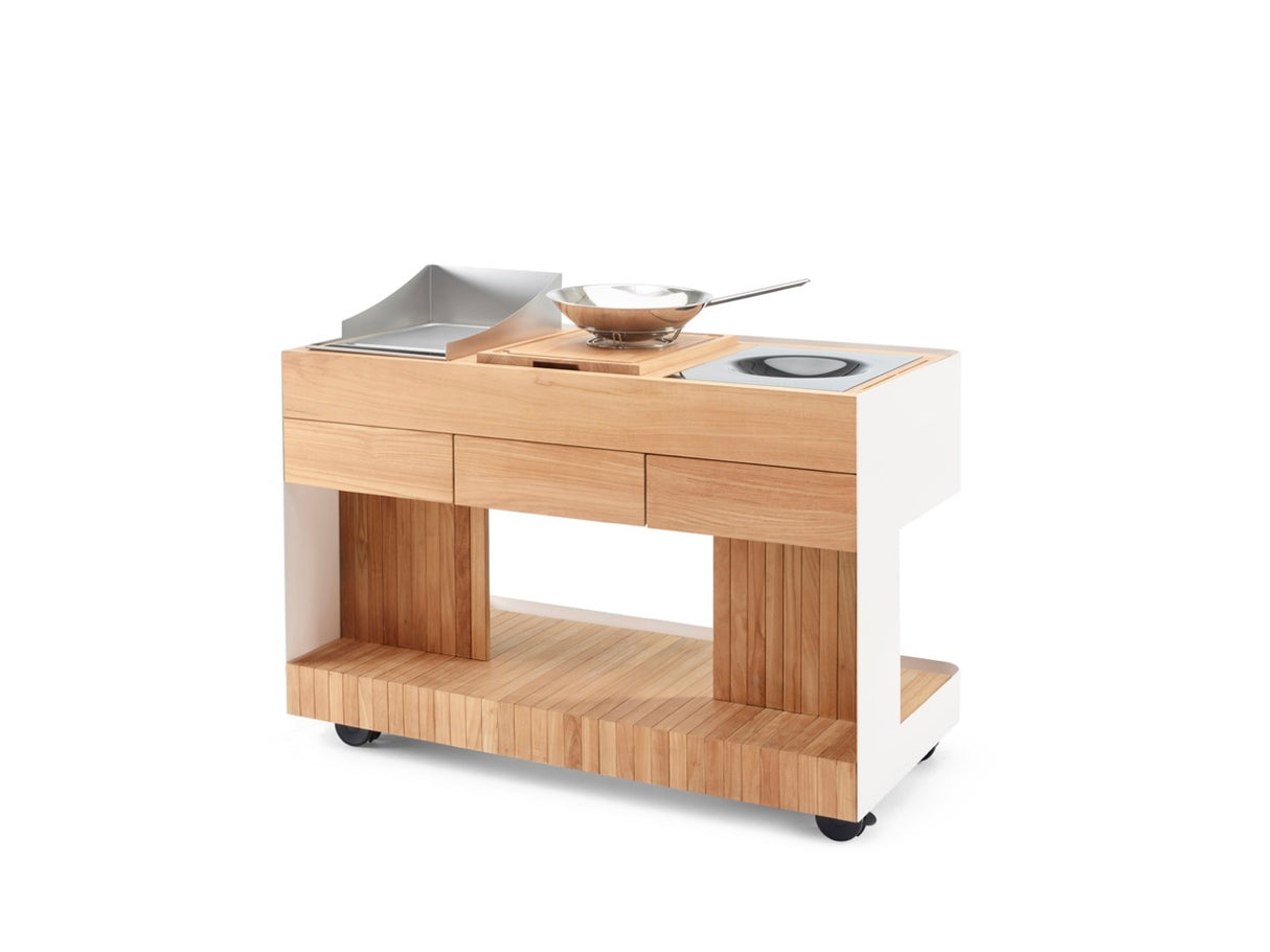 INDU+ Bilba Trolley weiß - inkl. Teppanyaki Kochfeld 38, passenden Sprtitzschutz & Wok Kochfeld