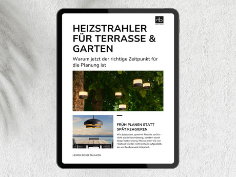 Titelbild für den Blog von henrik bosse. Zu sehen ist ein Tablet-Mockup mit einem Titelbild vor dem hellgrauen Hintergrund mit dem Schatten eines Palmenblatts. Auf dem Mockup sind Bilder von exklusiven Heizstrahlern der Marke Heatsail